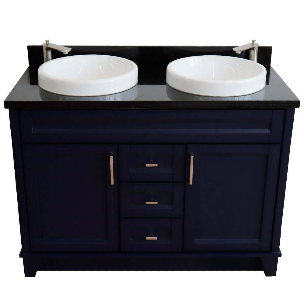 48" Double sink vanity in Blue finish with Black galaxy granite and round sink - 400700-49D-BU-BGRD