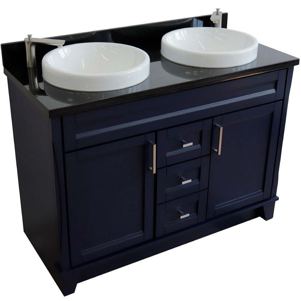 48" Double sink vanity in Blue finish with Black galaxy granite and round sink - 400700-49D-BU-BGRD