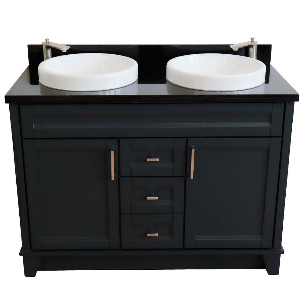 48" Double sink vanity in Dark Gray finish with Black galaxy granite and round sink - 400700-49D-DG-BGRD