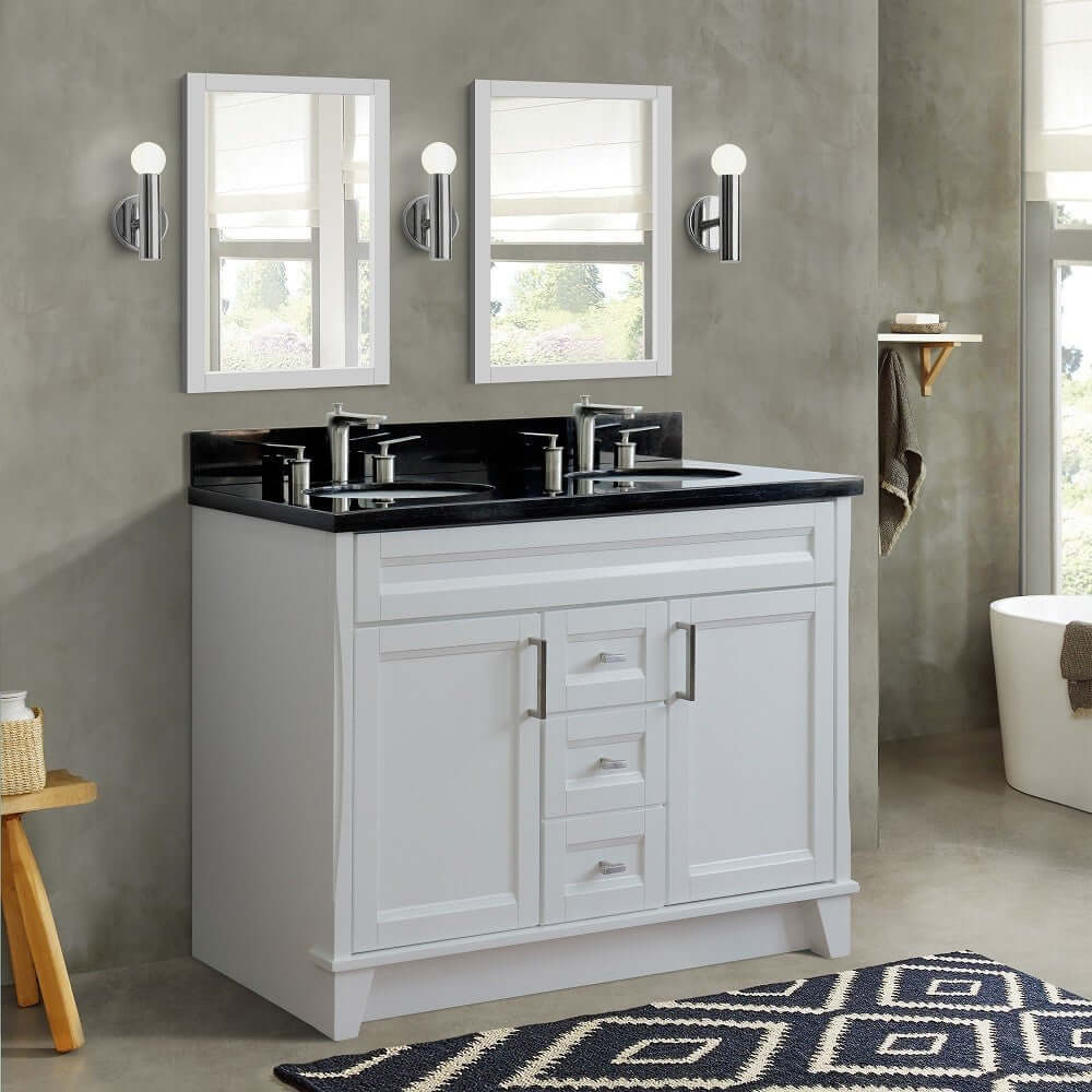 48" Double sink vanity in White finish with Black galaxy granite and oval sink - 400700-49D-WH-BGO