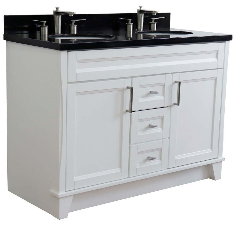 48" Double sink vanity in White finish with Black galaxy granite and oval sink - 400700-49D-WH-BGO