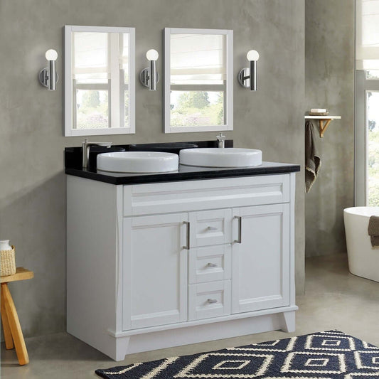 48" Double sink vanity in White finish with Black galaxy granite and round sink - 400700-49D-WH-BGRD