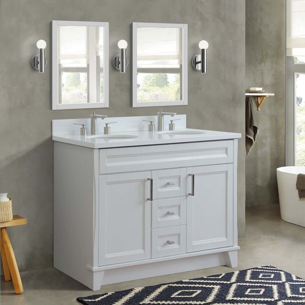 48" Double sink vanity in White finish with White quartz and oval sink - 400700-49D-WH-WEO