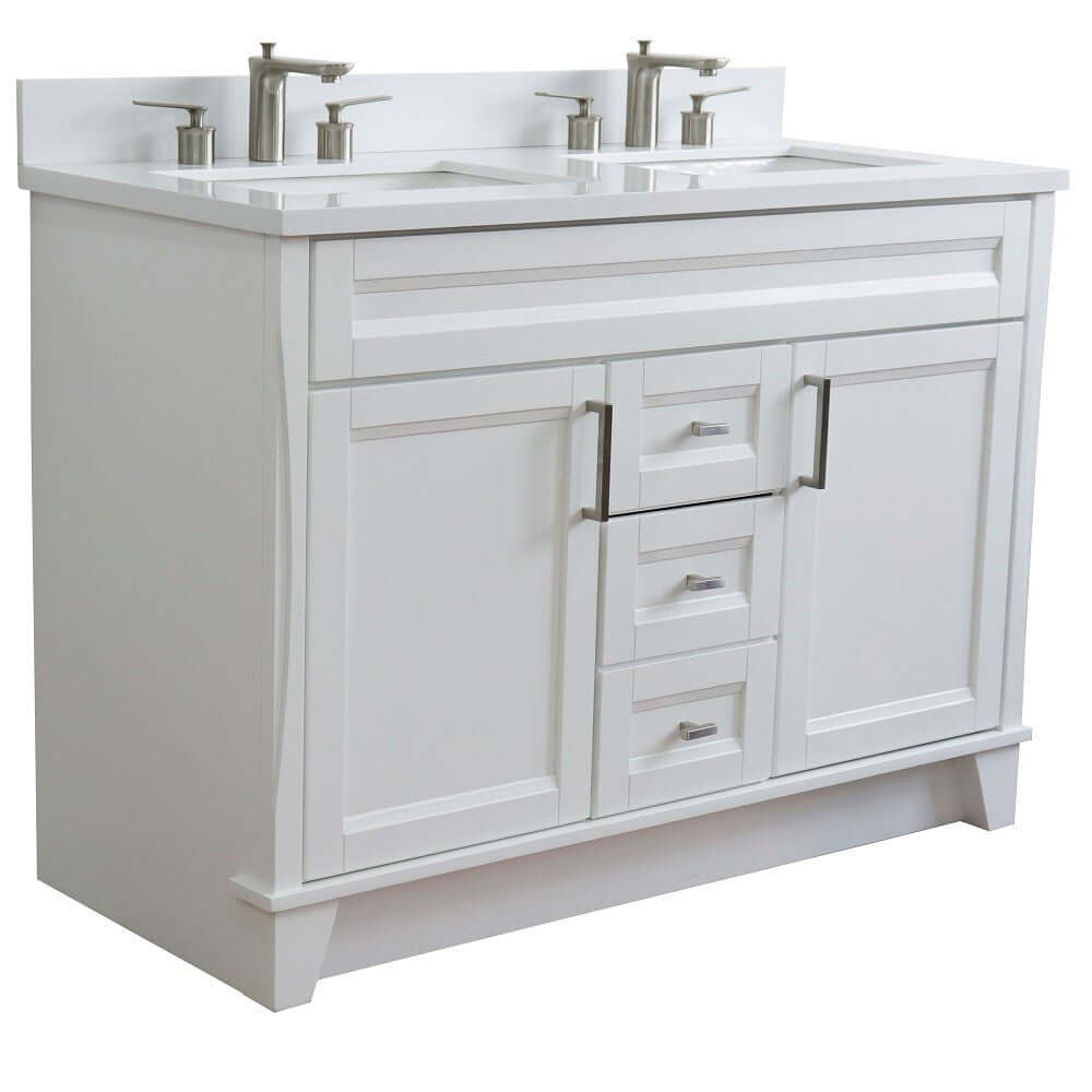 48" Double sink vanity in White finish with White quartz and rectangle sink - 400700-49D-WH-WER