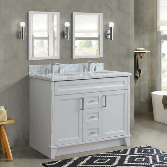 48" Double sink vanity in White finish with White Carrara marble and oval sink - 400700-49D-WH-WMO