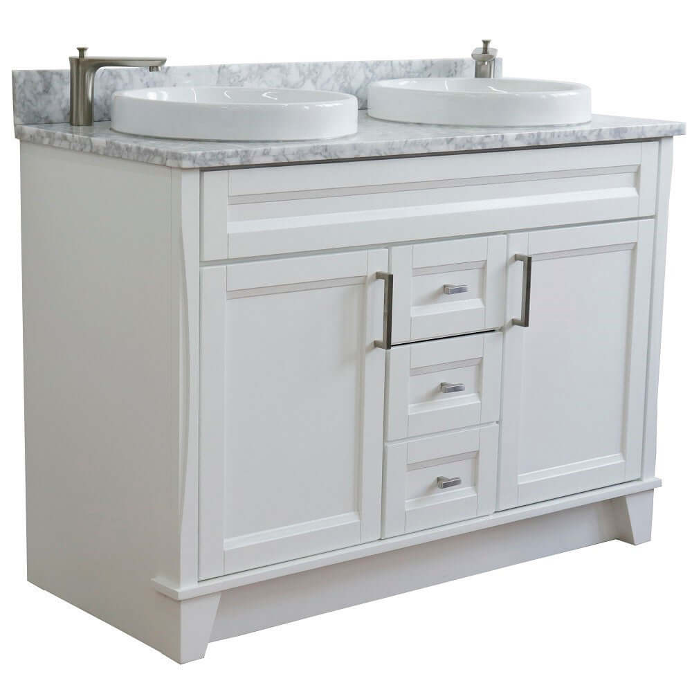 48" Double sink vanity in White finish with White Carrara marble and round sink - 400700-49D-WH-WMRD