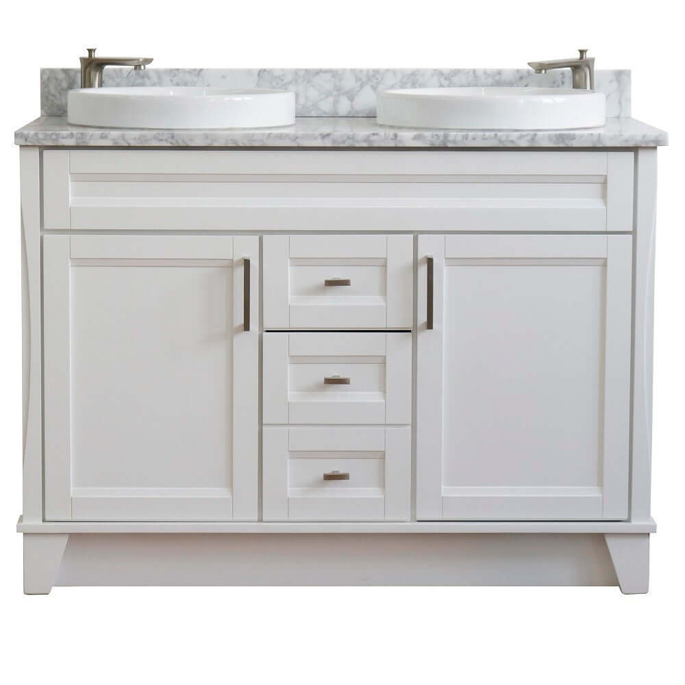 48" Double sink vanity in White finish with White Carrara marble and round sink - 400700-49D-WH-WMRD