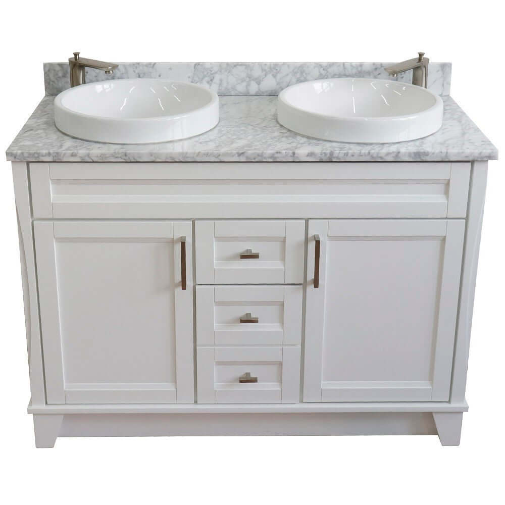 48" Double sink vanity in White finish with White Carrara marble and round sink - 400700-49D-WH-WMRD