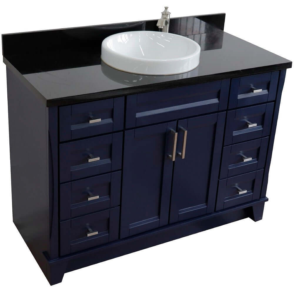 49" Single sink vanity in Blue finish with Black galaxy granite and round sink - 400700-49S-BU-BGRD