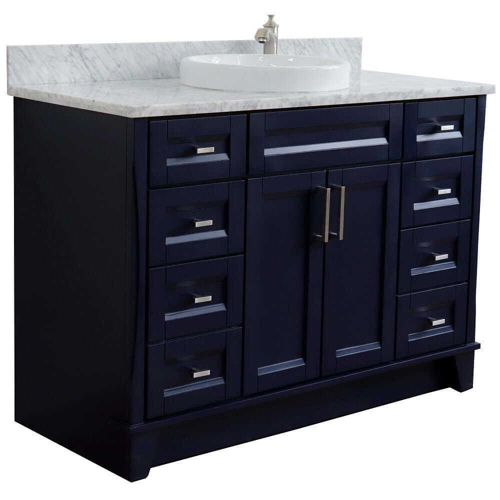 49" Single sink vanity in Blue finish with White carrara marble and round sink - 400700-49S-BU-WMRD