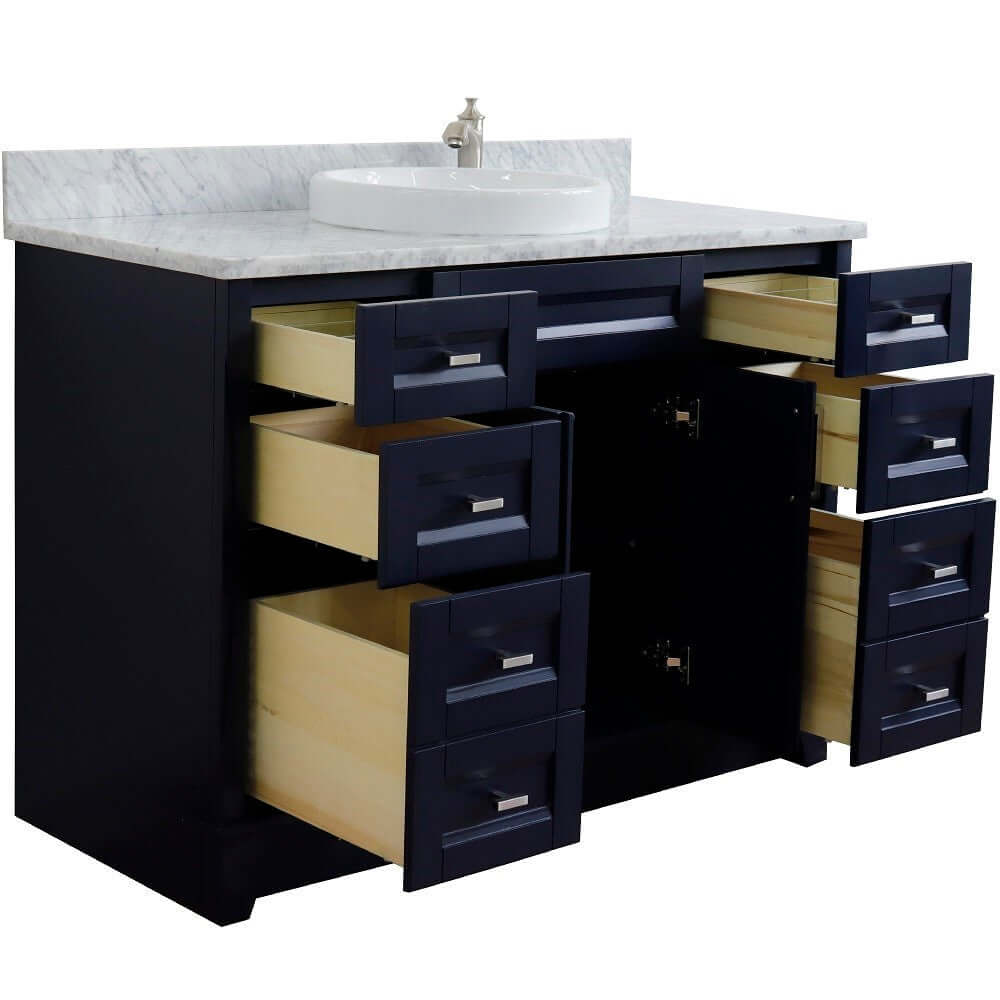 49" Single sink vanity in Blue finish with White carrara marble and round sink - 400700-49S-BU-WMRD