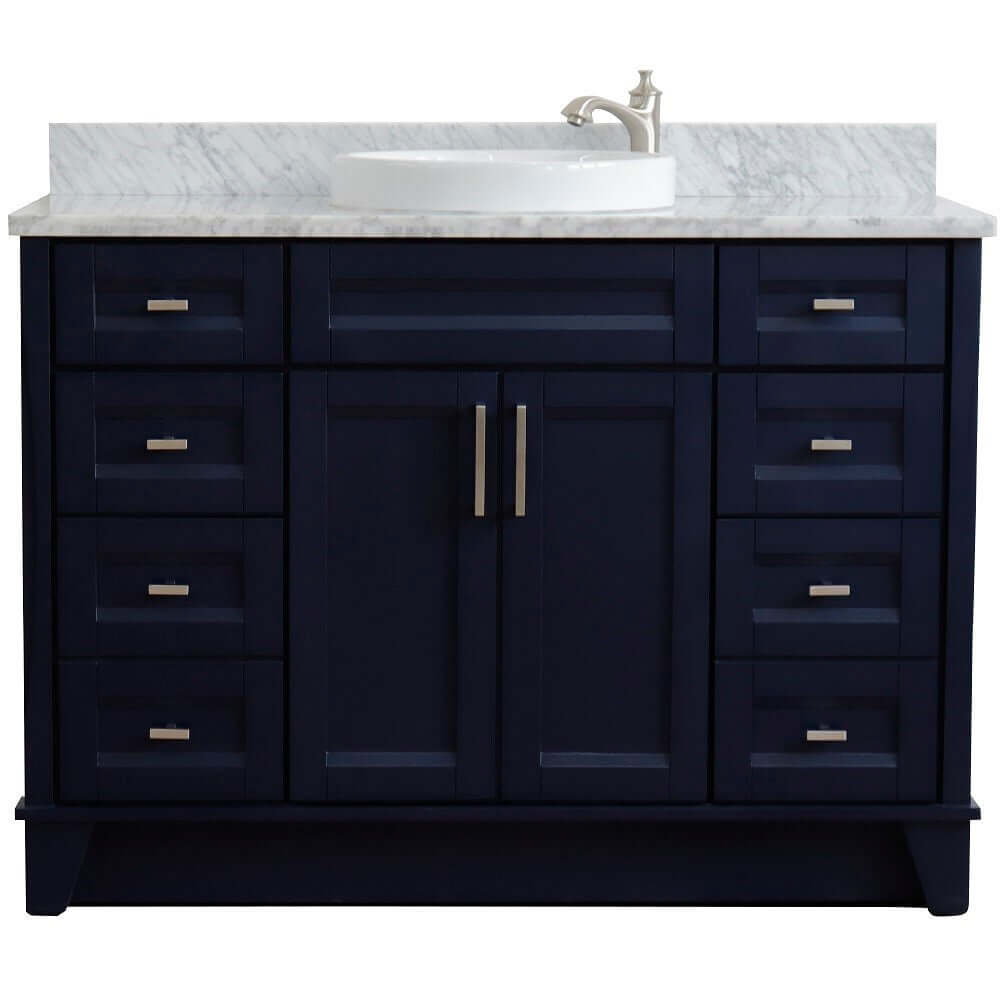 49" Single sink vanity in Blue finish with White carrara marble and round sink - 400700-49S-BU-WMRD