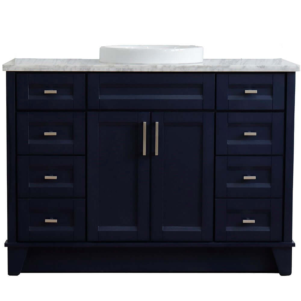 49" Single sink vanity in Blue finish with White carrara marble and round sink - 400700-49S-BU-WMRD