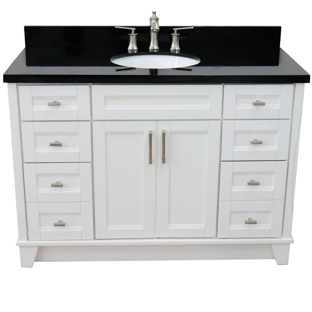 49" Single sink vanity in White finish with Black galaxy granite and oval sink - 400700-49S-WH-BGO