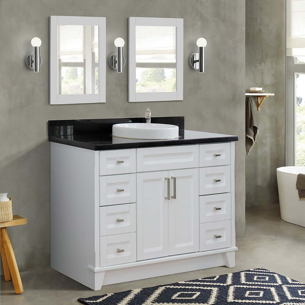 49" Single sink vanity in White finish with Black galaxy granite and round sink - 400700-49S-WH-BGRD