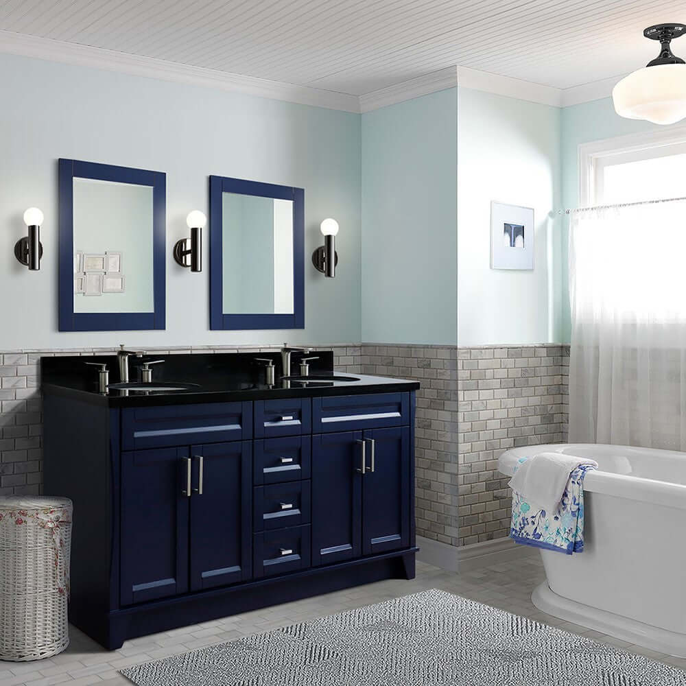 61" Double sink vanity in Blue finish and Black galaxy granite and oval sink - 400700-61D-BU-BGO