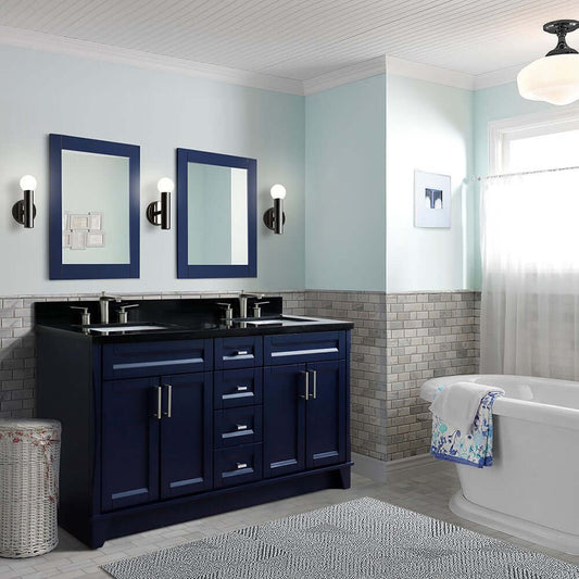 61" Double sink vanity in Blue finish and Black galaxy granite and rectangle sink - 400700-61D-BU-BGR