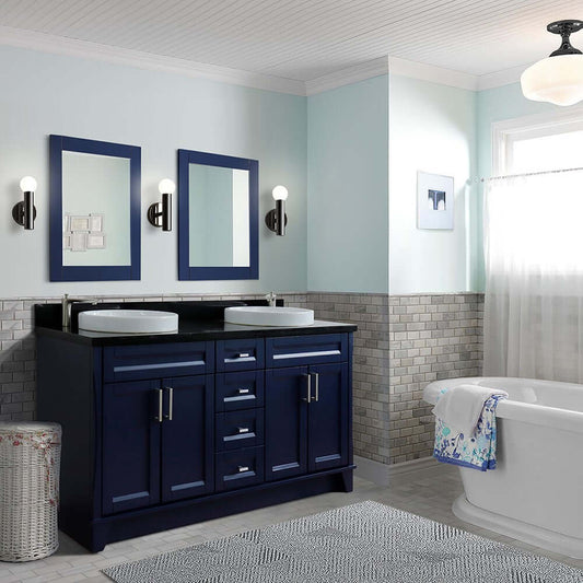 61" Double sink vanity in Blue finish and Black galaxy granite and round sink - 400700-61D-BU-BGRD