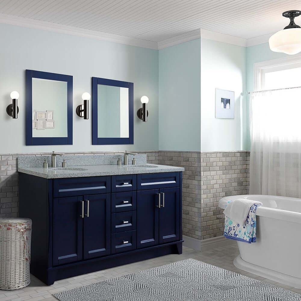 61" Double sink vanity in Blue finish and Gray granite and oval sink - 400700-61D-BU-GYO