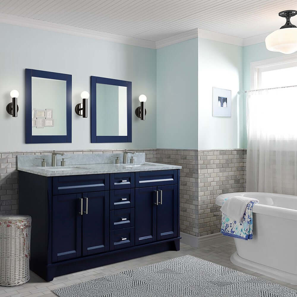 61" Double sink vanity in Blue finish and White Carrara marble and rectangle sink - 400700-61D-BU-WMR