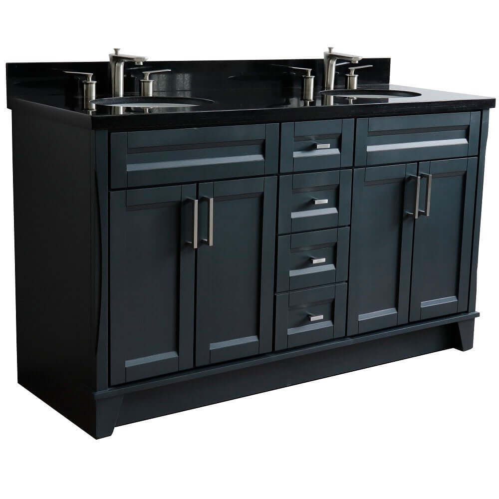 61" Double sink vanity in Dark Gray finish and Black galaxy granite and oval sink - 400700-61D-DG-BGO