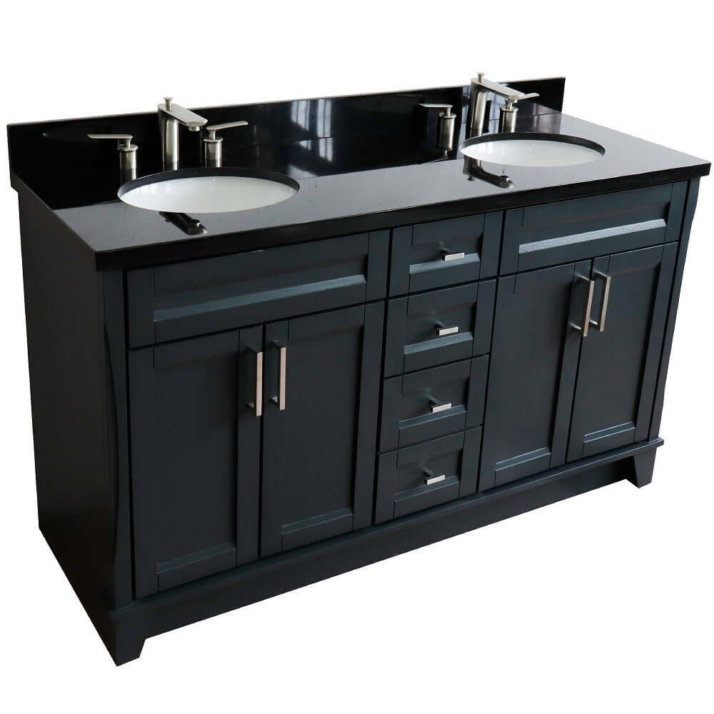 61" Double sink vanity in Dark Gray finish and Black galaxy granite and oval sink - 400700-61D-DG-BGO