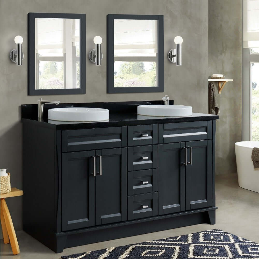 61" Double sink vanity in Dark Gray finish and Black galaxy granite and round sink - 400700-61D-DG-BGRD