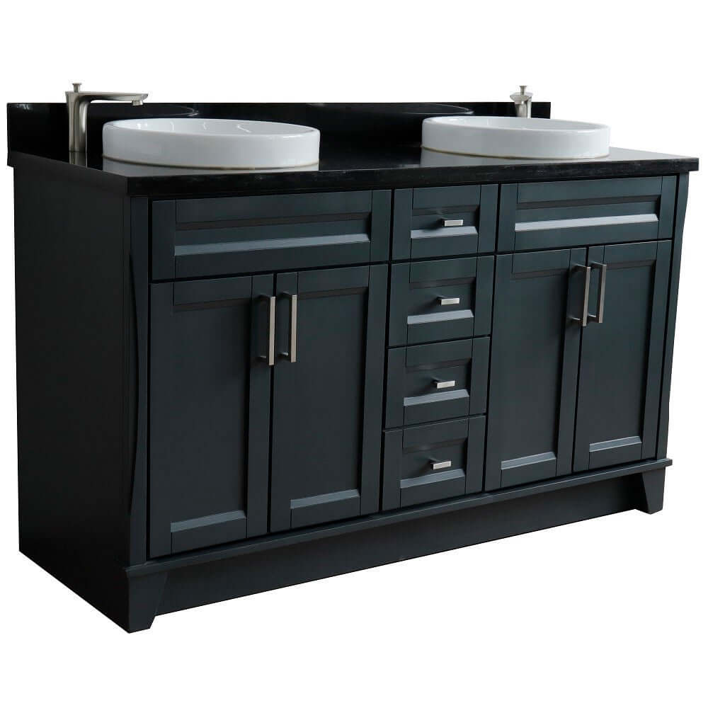 61" Double sink vanity in Dark Gray finish and Black galaxy granite and round sink - 400700-61D-DG-BGRD