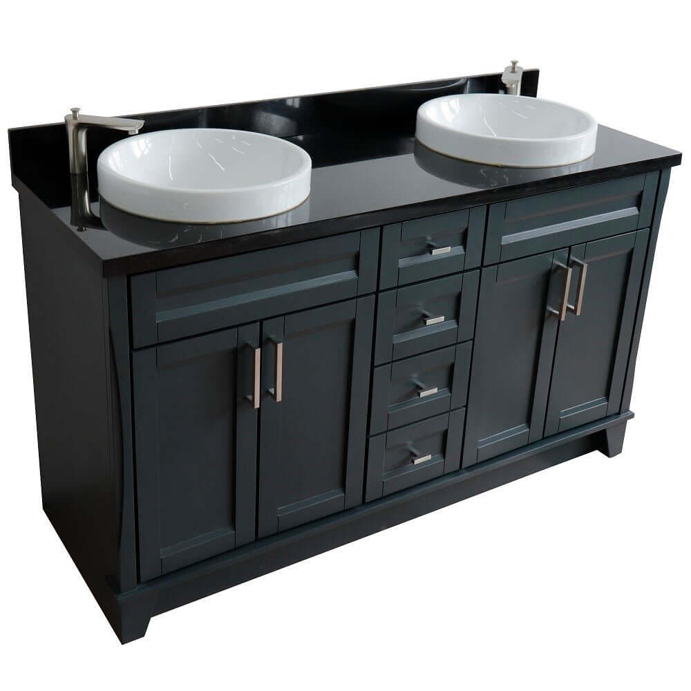 61" Double sink vanity in Dark Gray finish and Black galaxy granite and round sink - 400700-61D-DG-BGRD