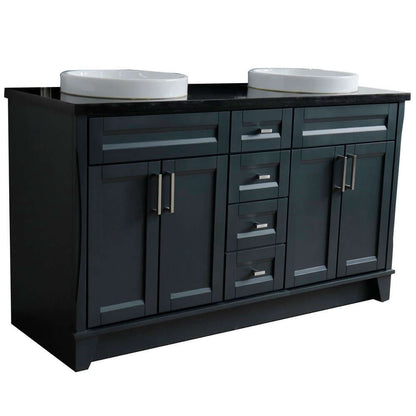 61" Double sink vanity in Dark Gray finish and Black galaxy granite and round sink - 400700-61D-DG-BGRD