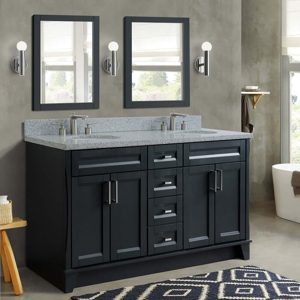 61" Double sink vanity in Dark Gray finish and Gray granite and oval sink - 400700-61D-DG-GYO