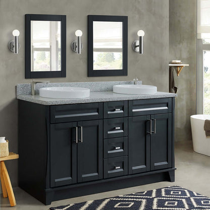 61" Double sink vanity in Dark Gray finish and Gray granite and round sink - 400700-61D-DG-GYRD