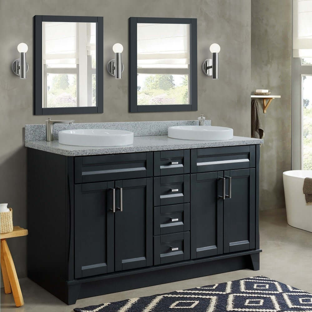 61" Double sink vanity in Dark Gray finish and Gray granite and round sink - 400700-61D-DG-GYRD