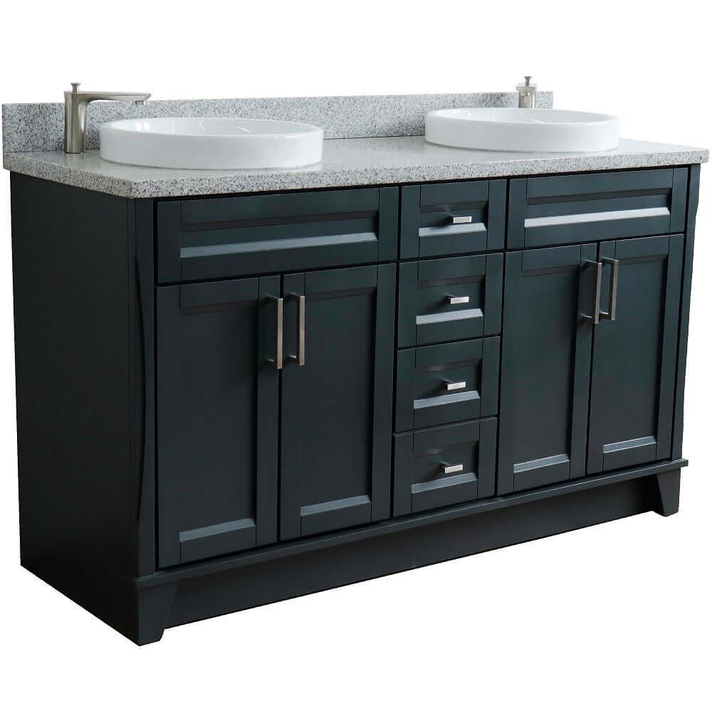 61" Double sink vanity in Dark Gray finish and Gray granite and round sink - 400700-61D-DG-GYRD