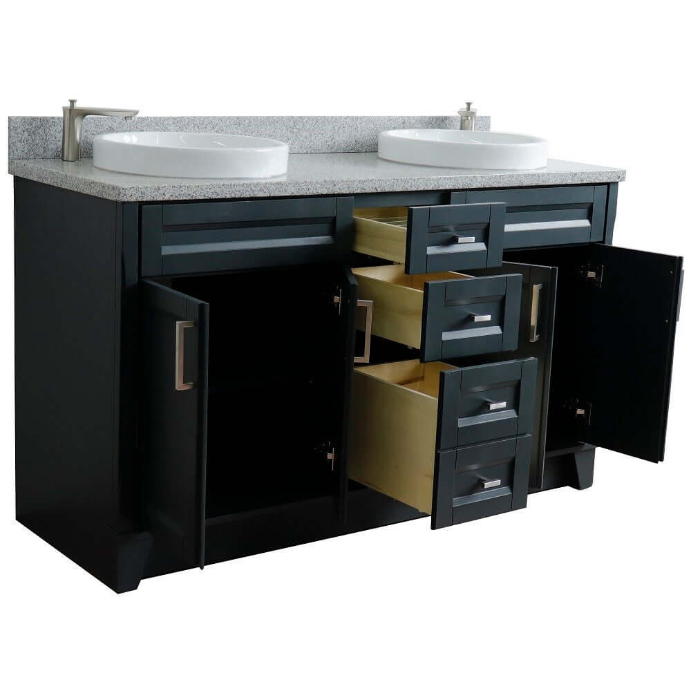 61" Double sink vanity in Dark Gray finish and Gray granite and round sink - 400700-61D-DG-GYRD