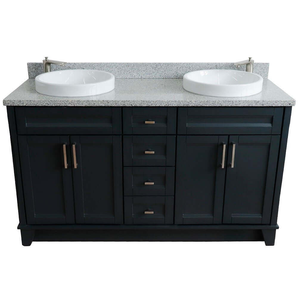 61" Double sink vanity in Dark Gray finish and Gray granite and round sink - 400700-61D-DG-GYRD