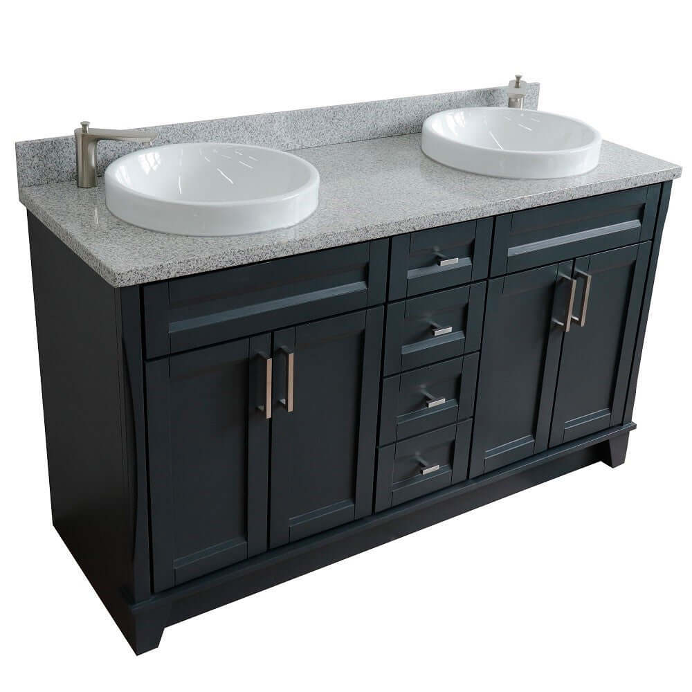 61" Double sink vanity in Dark Gray finish and Gray granite and round sink - 400700-61D-DG-GYRD