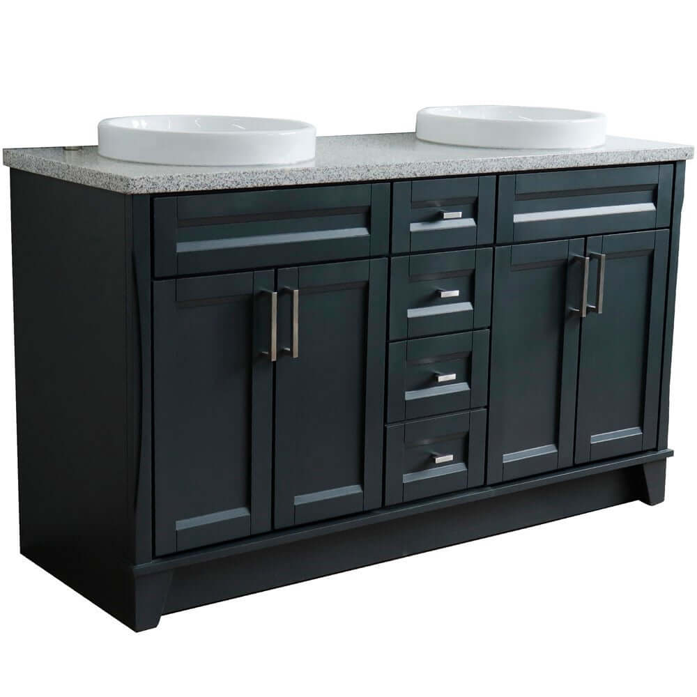 61" Double sink vanity in Dark Gray finish and Gray granite and round sink - 400700-61D-DG-GYRD