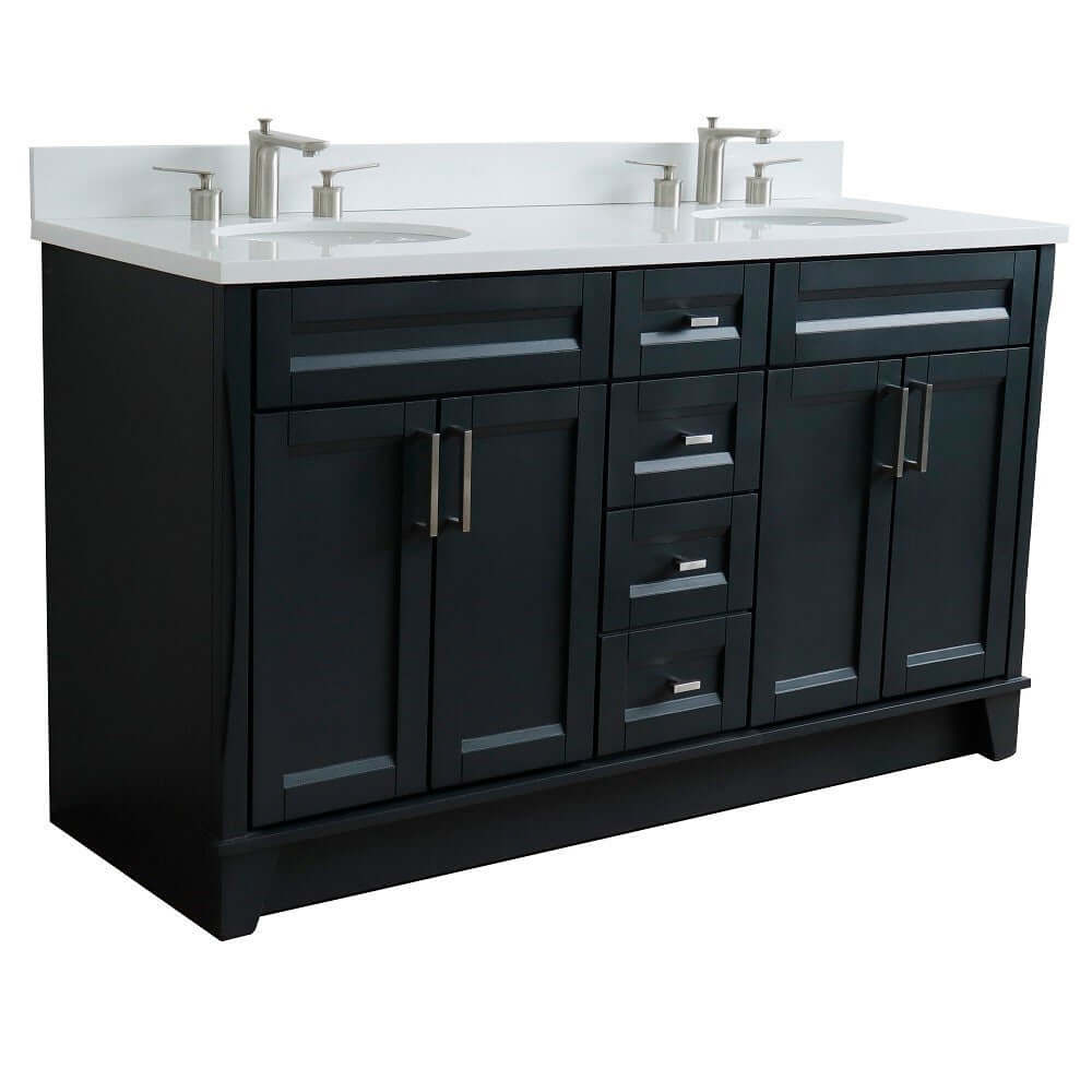 61" Double sink vanity in Dark Gray finish and White quartz and oval sink - 400700-61D-DG-WEO