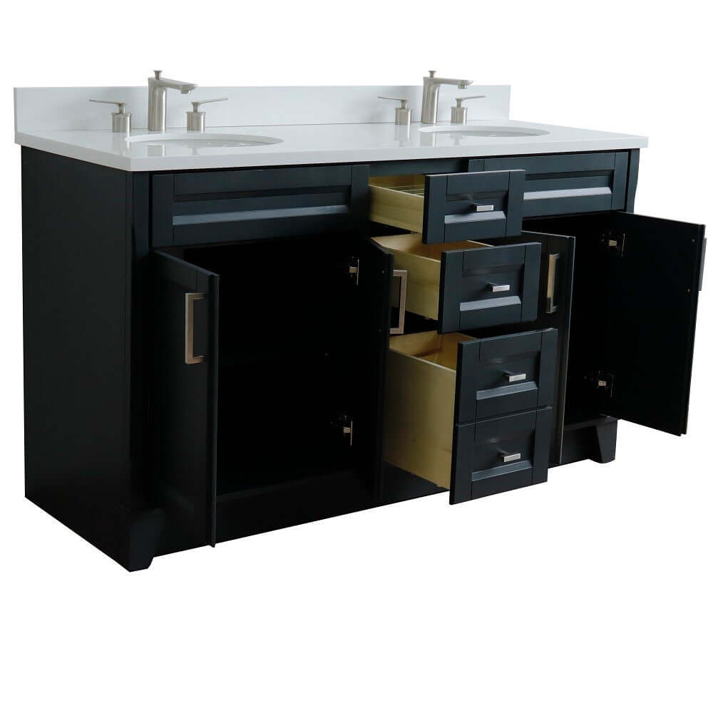 61" Double sink vanity in Dark Gray finish and White quartz and oval sink - 400700-61D-DG-WEO