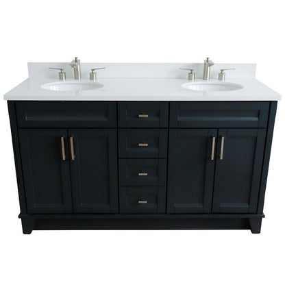 61" Double sink vanity in Dark Gray finish and White quartz and oval sink - 400700-61D-DG-WEO