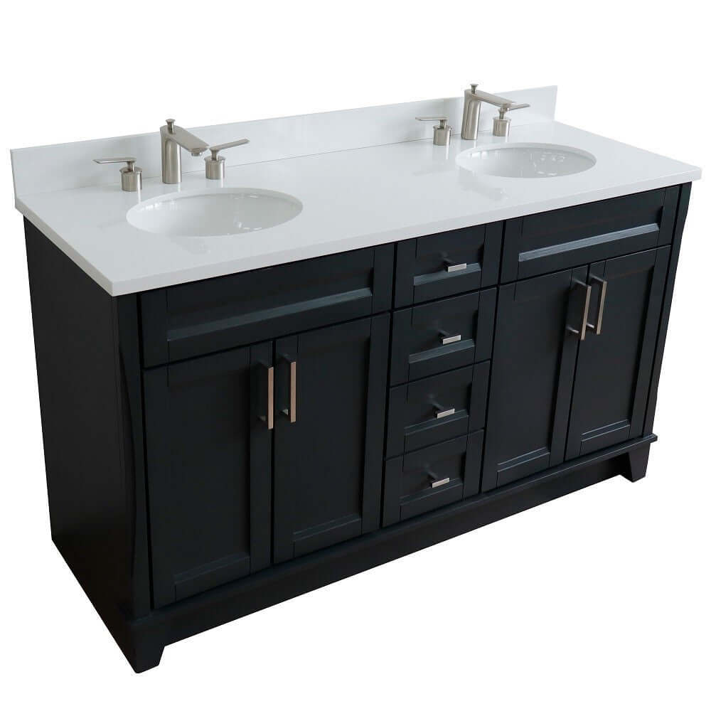 61" Double sink vanity in Dark Gray finish and White quartz and oval sink - 400700-61D-DG-WEO