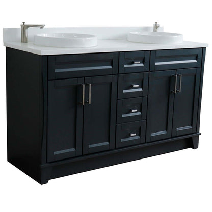 61" Double sink vanity in Dark Gray finish and White quartz and round sink - 400700-61D-DG-WERD