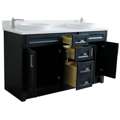 61" Double sink vanity in Dark Gray finish and White quartz and round sink - 400700-61D-DG-WERD