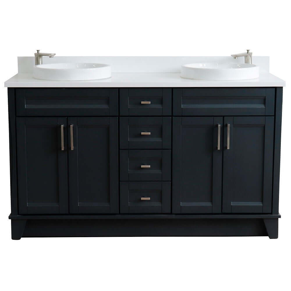 61" Double sink vanity in Dark Gray finish and White quartz and round sink - 400700-61D-DG-WERD