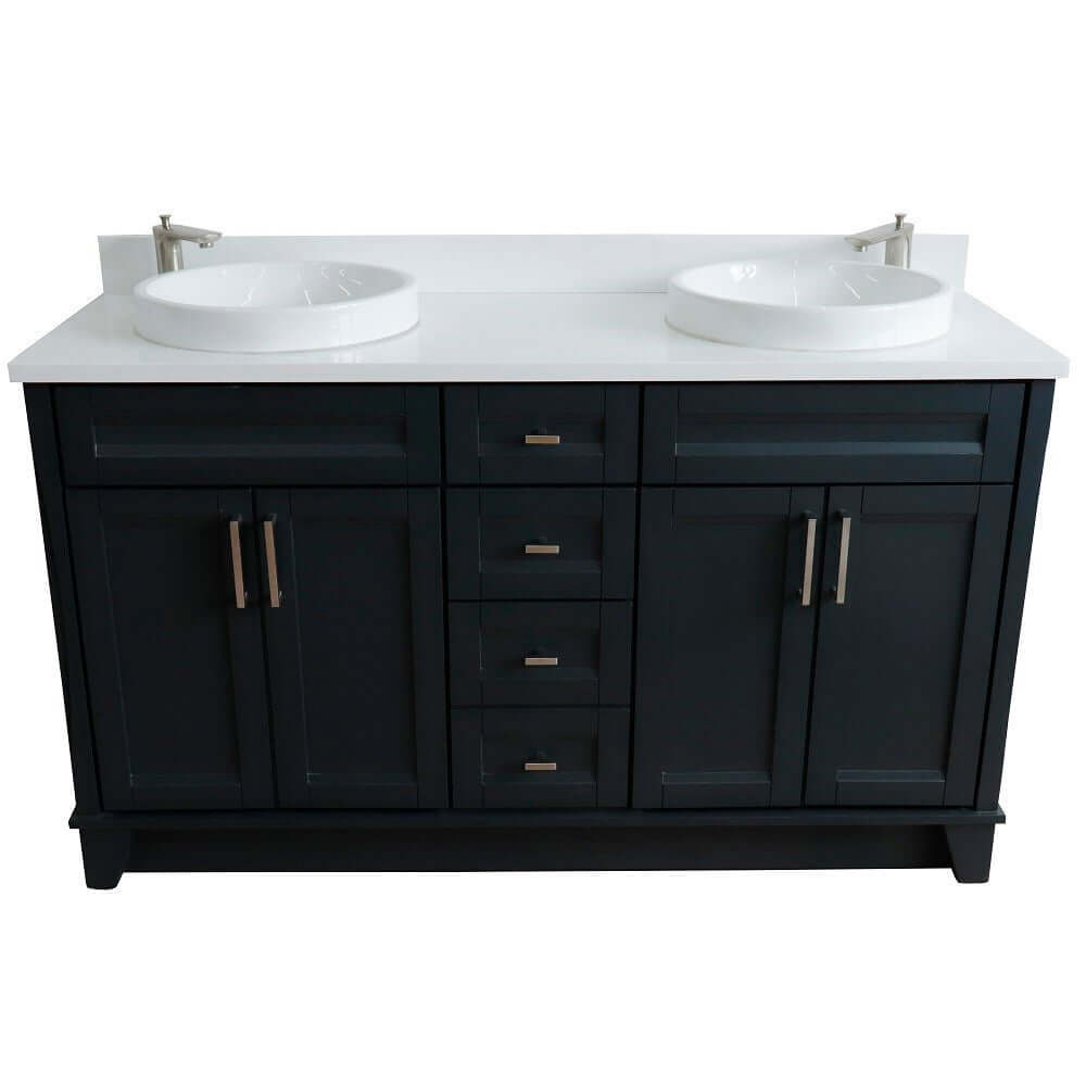 61" Double sink vanity in Dark Gray finish and White quartz and round sink - 400700-61D-DG-WERD