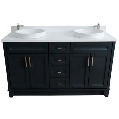 61" Double sink vanity in Dark Gray finish and White quartz and round sink - 400700-61D-DG-WERD