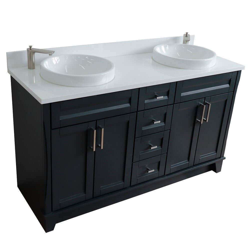 61" Double sink vanity in Dark Gray finish and White quartz and round sink - 400700-61D-DG-WERD