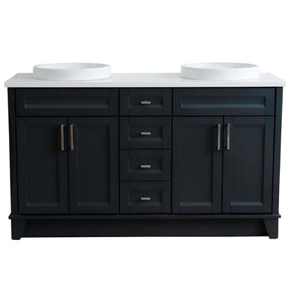 61" Double sink vanity in Dark Gray finish and White quartz and round sink - 400700-61D-DG-WERD