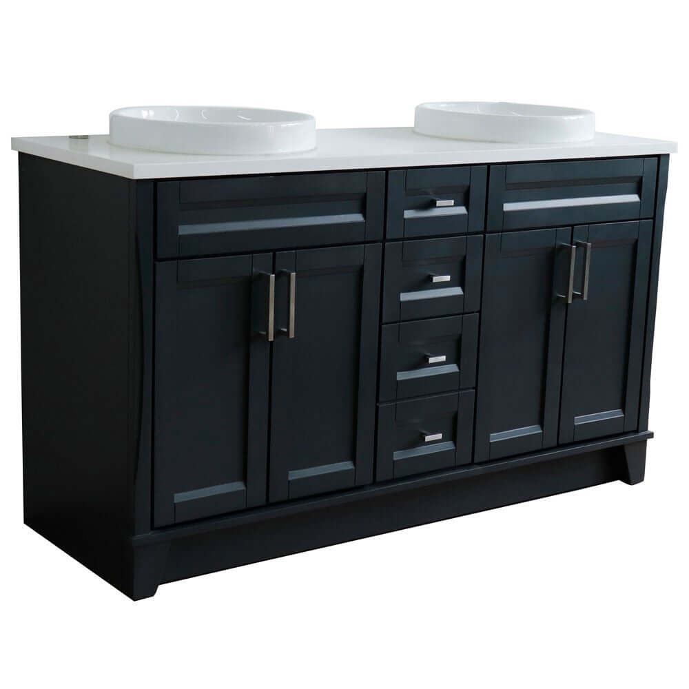 61" Double sink vanity in Dark Gray finish and White quartz and round sink - 400700-61D-DG-WERD